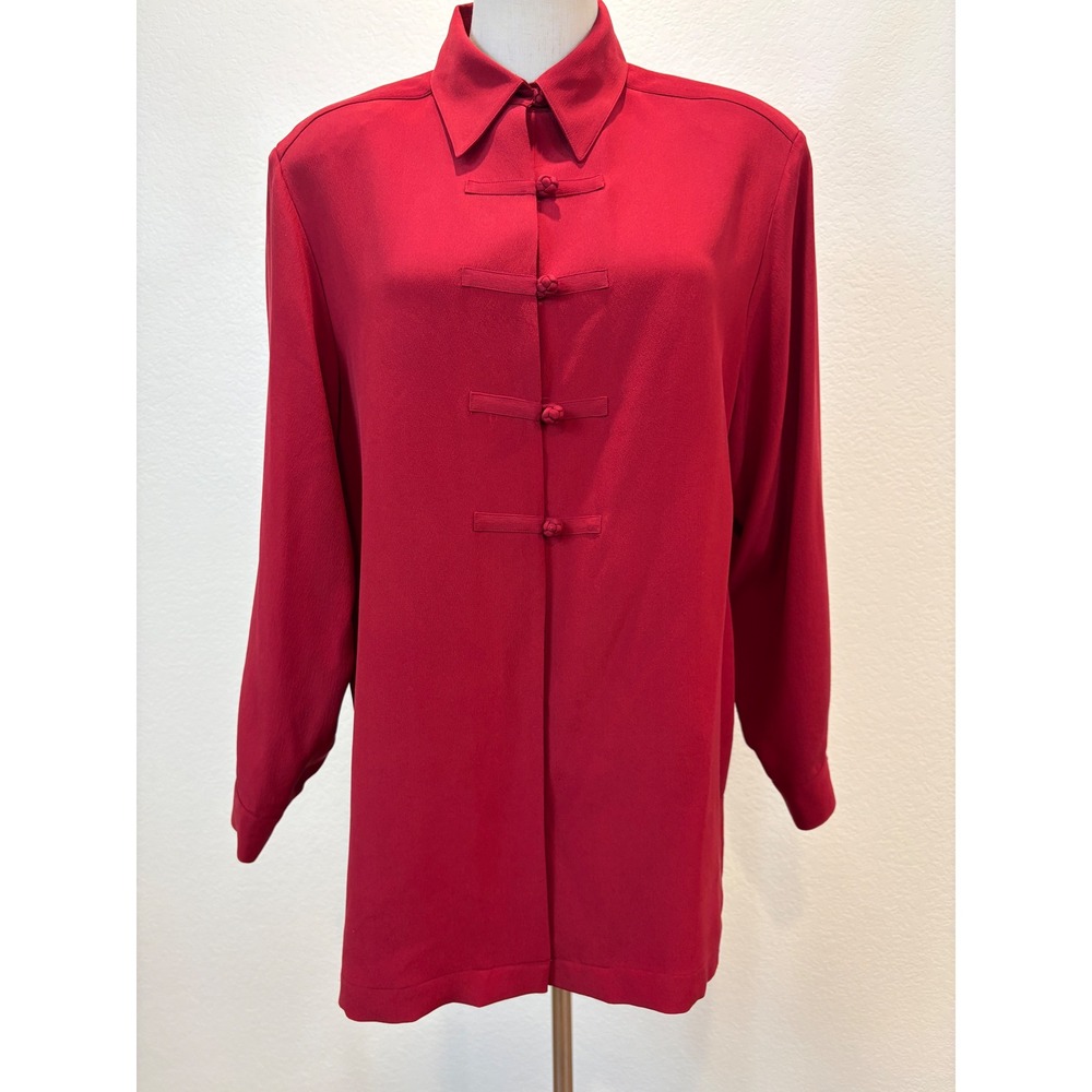 Vtg 90s Talbots Silk Blouse Women 10P Red Frog Closure Tunic Top Minimalist Boho